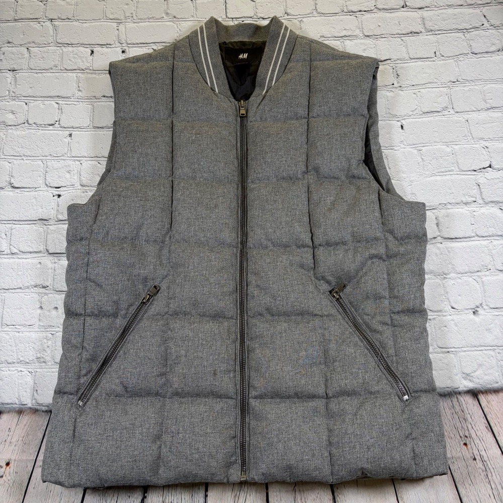 HM Mens Grey Square Quilted Puffer Vest Zip Up Bomber Collar Size 40R